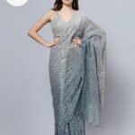 Madelyn Luxe Steel Ombre Sequin Pre Draped Saree with Unstitched Blouse