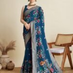 Women Blue Cotton Floral Saree with Unstitched Blouse