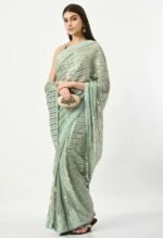 Women's Pre-Stitched Golden Striped Splendor Ready To Wear Georgette Saree with Blouse (Customize Available) - Image 2