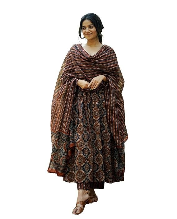 61D7nbhylBL._SX569_.jpg Women's Viscose Printed Flared A-Line Kurta With Pant And Dupatta Suit Set | Kurta Set - Image 1
