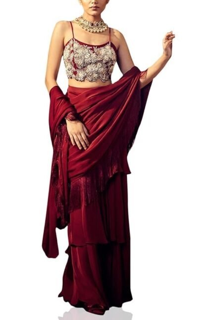 Saree Trends Women's Faux Georgette ready to wear Frill saree with unstitched blouse