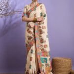 Cream Woven Viscose Saree with Unstitched Blouse