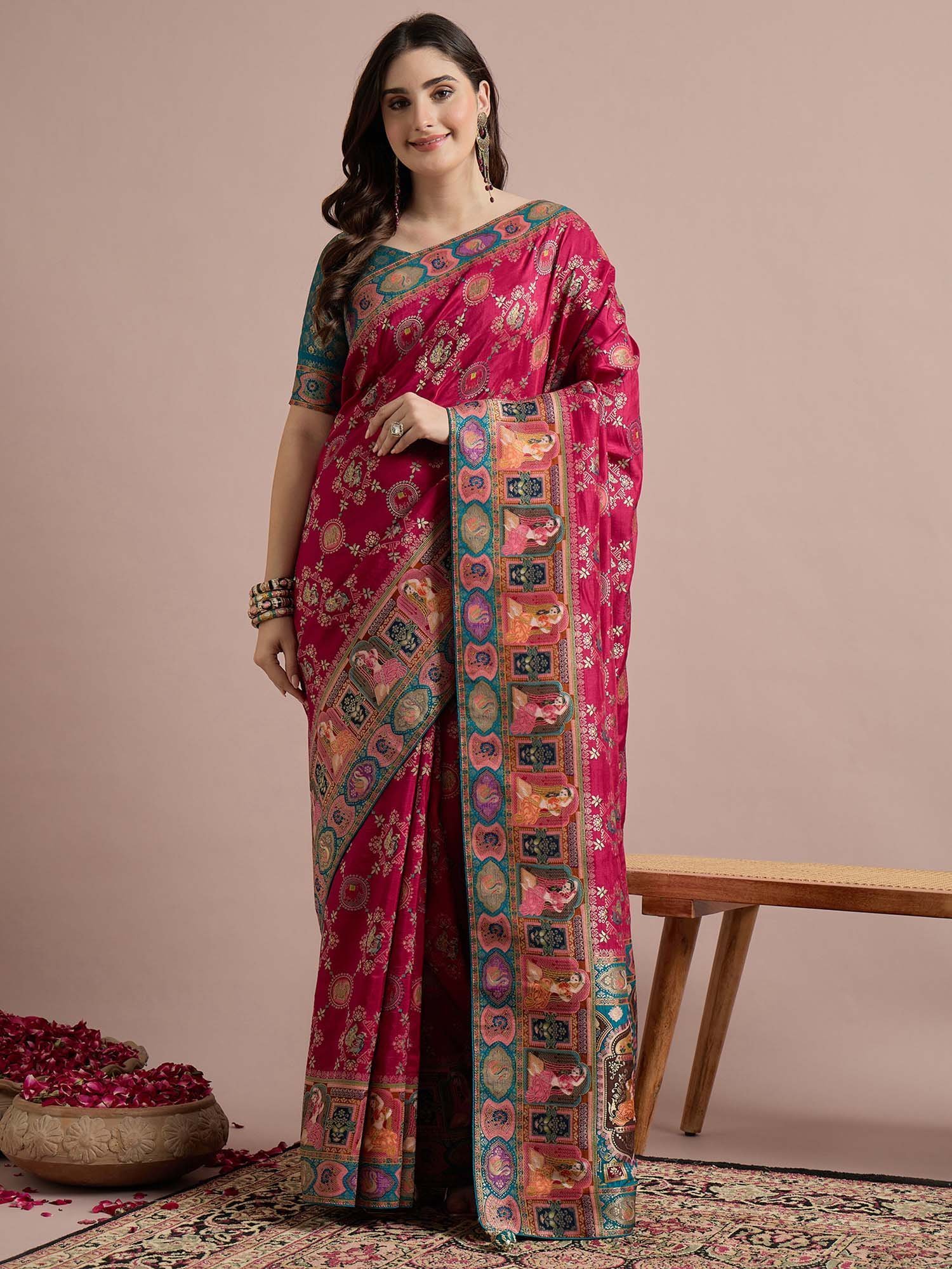 6a4488fMSTANI160AHSPink_1.jpg Pink Woven Viscose Saree with Unstitched Blouse - Image 1