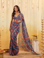 Blue Carnival Bloom Draped Saree with Stitched Blouse - Image 3