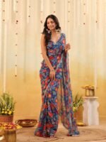 Blue Carnival Bloom Draped Saree with Stitched Blouse - Image 4
