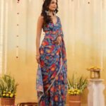 Blue Carnival Bloom Draped Saree with Stitched Blouse