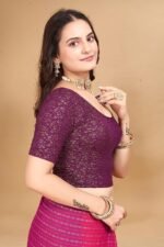 Round Neck Jacquard Elbow Sleeve Readymade Saree Blouse for Women Stylish - Image 4