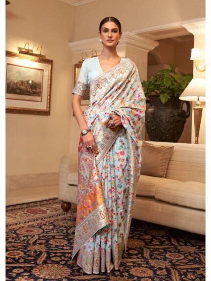 Blue Kashmiri Saree with Unstitched Blouse
