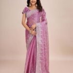 Lavender Embroidered Pre-Drapped Saree with Unstitched Blouse