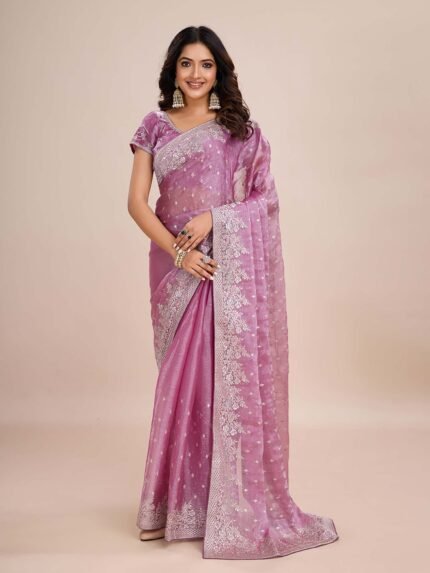 Lavender Embroidered Pre-Drapped Saree with Unstitched Blouse